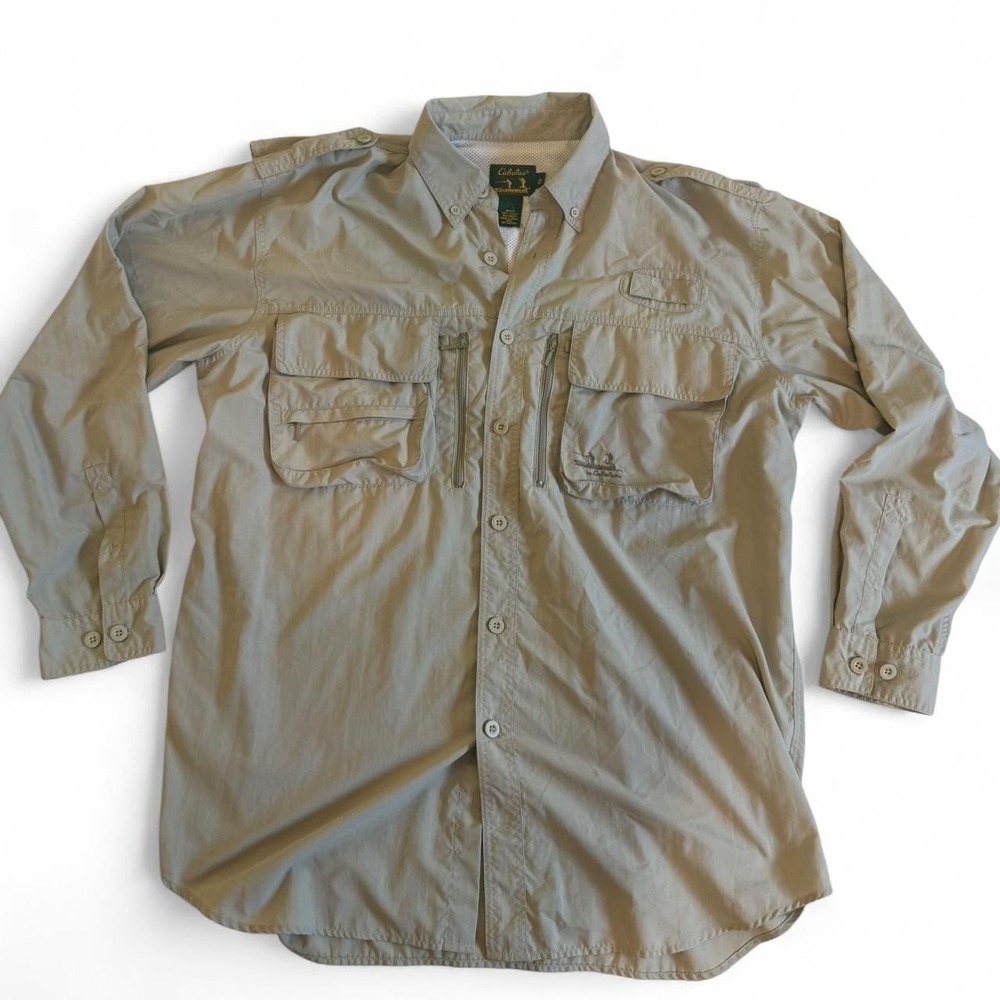 Cabela's Guidewear Long Sleeve Fishing Shirt Tan Men's Large
